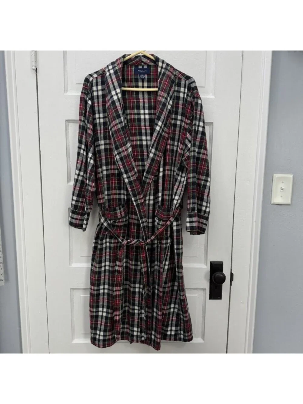 Nautica Sleepwear Mens L XL Plaid Cotton Belted Shawl Robe Pockets